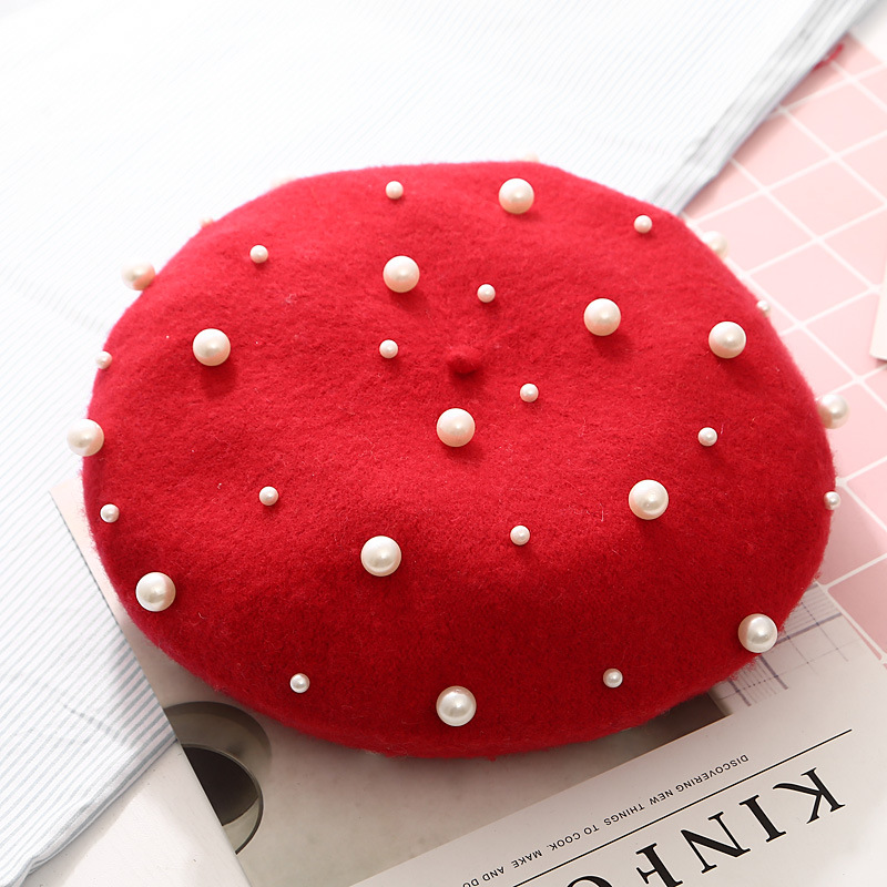 2021 new women cashmere cap pearl rivet hats women wool beret hat