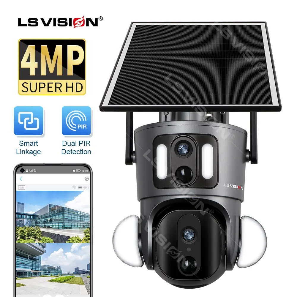 LS VISION 2K 4G Solar Security Camera 4MP Dual Lens Screen Wireless Outdoor WiFi Solar Panel PTZ Cctv Motion detection Cam
