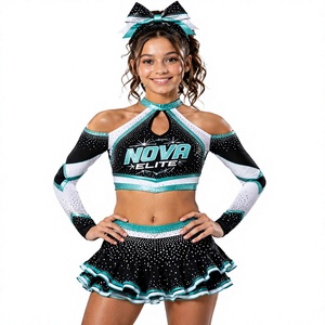 Ensemble d'uniformes de cheerleading noir avec strass, imprimé par sublimation, robe à manches longues et chaussettes hautes pour adultes - Product Image 2