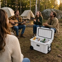 Glacière isotherme en plastique 50L avec roues, personnalisable avec logo, OEM ODM, pour camping, boissons et pêche, fournisseur de boîtes isothermes avec impression de texte