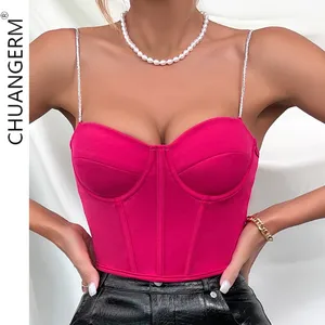 Chuangerm Quality Goods Solid Color Short Slim Zipper Halter corset Nightclub Fishbone V-neck Sexy corset mujer