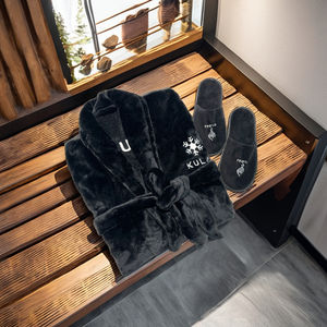 All'ingrosso personalizzato Logo pile termico di lusso nero pantofole <span class=keywords><strong>accappatoio</strong></span> con la caratteristica di smaltimento 280GSM <span class=keywords><strong>tessuto</strong></span> - Product Image 1