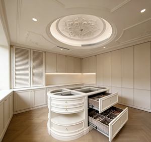 Custom Luxury Dressing Room Closet | <b>White</b> <b>Solid</b> <b>Wood</b> Built-in <b>Wardrobe</b>+Round Center Cabinet|High-End Bedroom Storage Furniture - Product Image 5