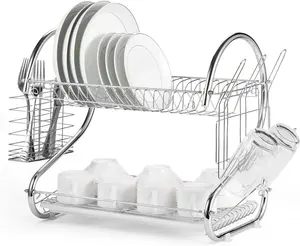 Porte-vaisselle en forme de S, en fer métallique, pour la cuisine, de 2 niveaux, support pour ustensiles porte-gobelet, égouttoir à vaisselle