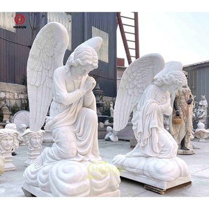 Sculpture à la main en pierre de marbre ange assis <span class=keywords><strong>avec</strong></span> des ailes Statue priant bébé pierre tombale Statue d'ange - Product Image 2