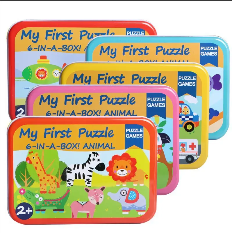 Kinder-Eisenbox-Puzzle hölzernes Animationstier 6-in-1 Blockbuster Meeres-Tierverkehr heiß begehrte Jigsaw-Puzzle-Spielzeuge