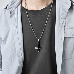 Men's Stainless Steel Inverted <b>Cross</b> Necklace Black Enamel Pendant Fashion Jewelry For Men - Product Image 3