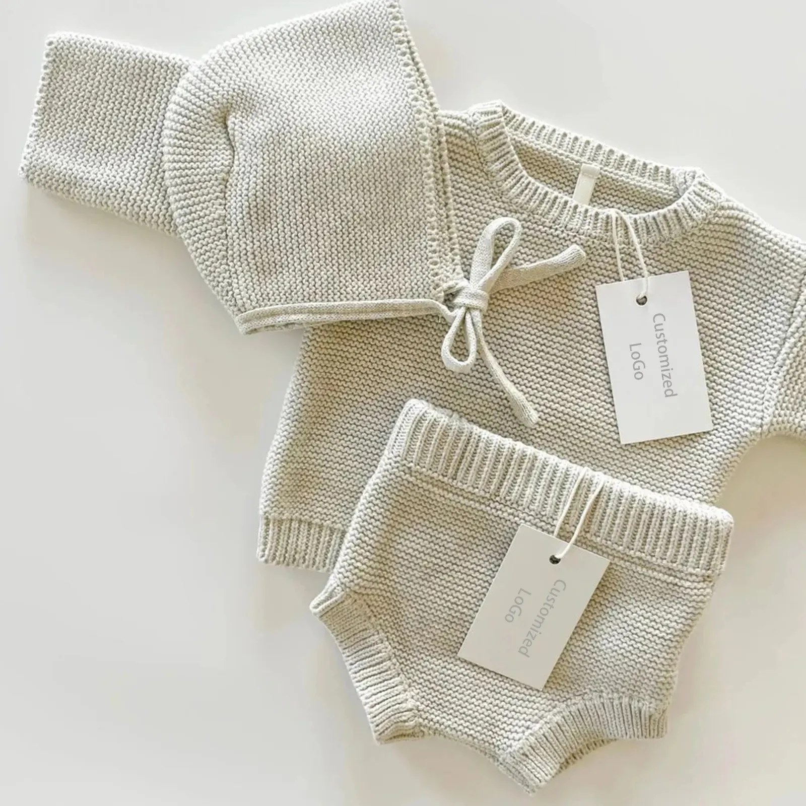 100% Algodão Orgânico Outfit Knitted Set Chunky Baby Sweater três peças Roupas Knit Baby Clothing Set