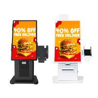Kiosco de autoservicio con pantalla táctil para pedidos y pagos en restaurantes, con base estable anticaídas.