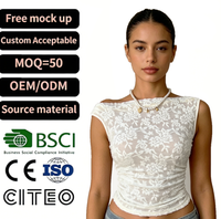 Haut court asymétrique sans manches en dentelle florale blanche personnalisé pour femme, chemisier sexy en maille transparente, style Y2K, tenue de club, fabricant OEM