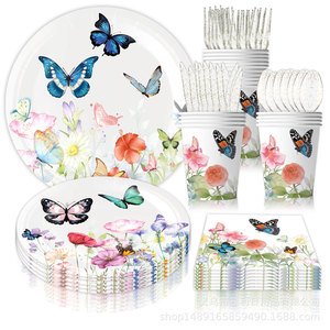Butterfly Tea Party Supplies Paper Plates Cups <b>Tablecloth</b> Birthday Decorations 40-60 Pcs Environment Friendly Digital Printing - Product Image 3