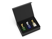 Coffret d'échantillons de parfum de luxe en carton rigide fait main avec logo personnalisé en relief, pelliculage mat et revêtement UV, ruban essentiel inclus