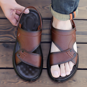 Men's Cross Strap <b>Sandals</b> Genuine Leather Open Toe Rubber Outsole Anti Slip Casual Summer Shoes Solid Pattern Embossed Logo - Product Image 2