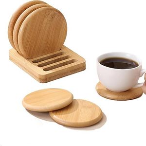 Juego de posavasos de bambú, 4 piezas, redondos, de madera maciza, con aislamiento térmico y soporte de almacenamiento para té y bebidas - Product Image 1