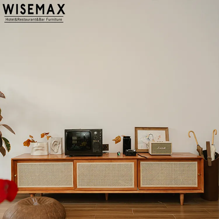 WISEMAX FURNITURE和風モダン籐テレビキャビネット無垢材モダンリビングルーム収納ロッカー収納キャビネット