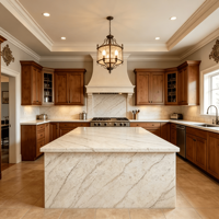 Meuble de cuisine modulaire sur mesure en bois massif avec évier, plan de travail en quartz beige veiné or, ignifuge, moderne, écologique, pour villa résidentielle