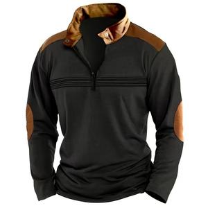 Nouveau <span class=keywords><strong>polo</strong></span> pour homme à col montant, manches longues, couleur unie, tendance, rayé, décontracté, patchwork, fermeture éclair - Product Image 2