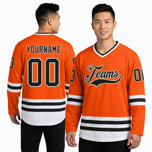 Maillot de hockey sur glace orange personnalisé pour homme, col en V, manches longues, logo des équipes imprimé numériquement, séchage rapide, 100% polyester, coupe régulière pour adulte - Product Image 1