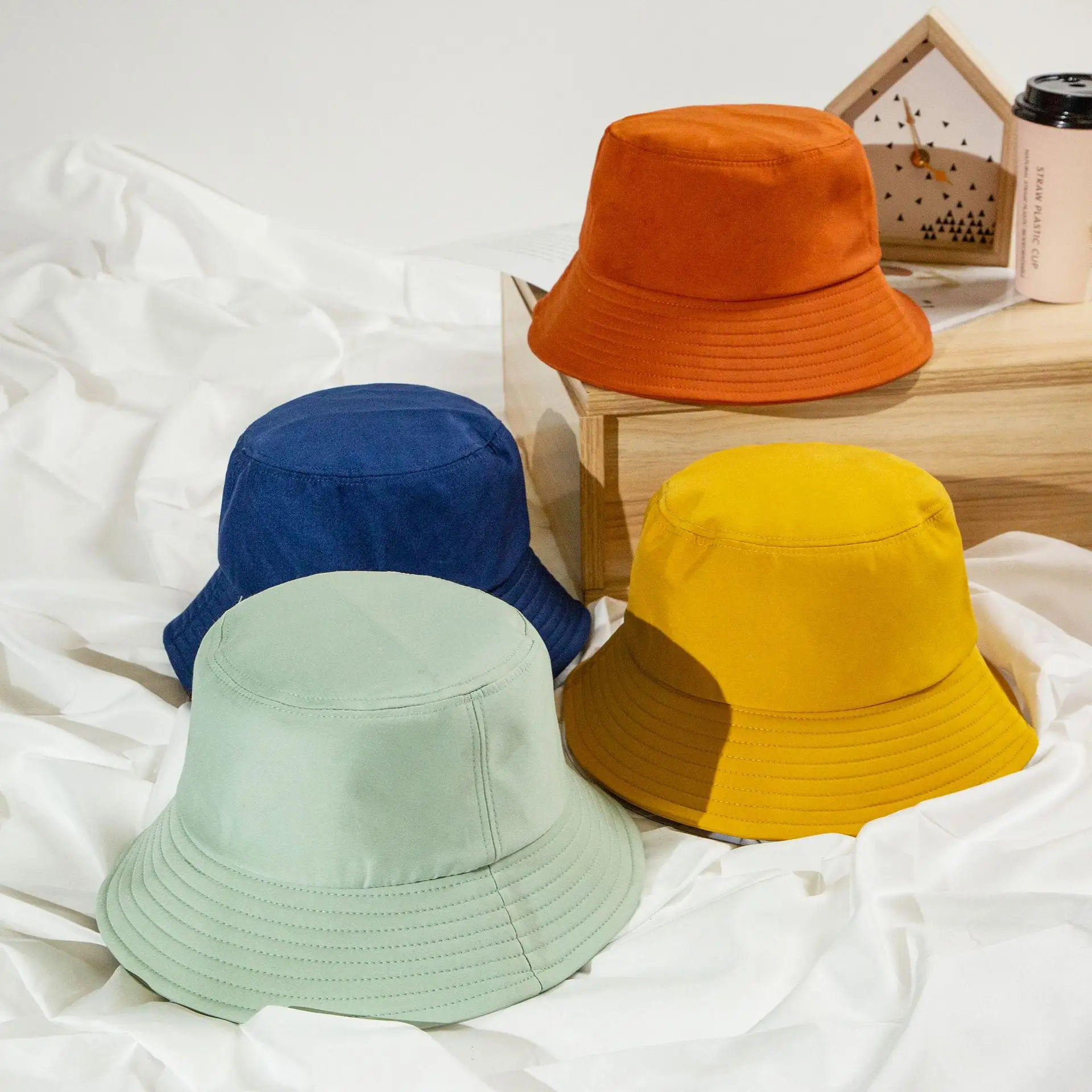 Yaz özel Logo düz düz renk Unisex ve çocuklar güneş koruma güneşlik kova şapka