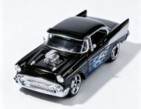Modelo a Escala 1:24 de Auto Clásico Americano de los Años 50, Hot Rod, Color Negro con Detalles Azules, Modificado, Vintage, Coupé de Techo Rígido