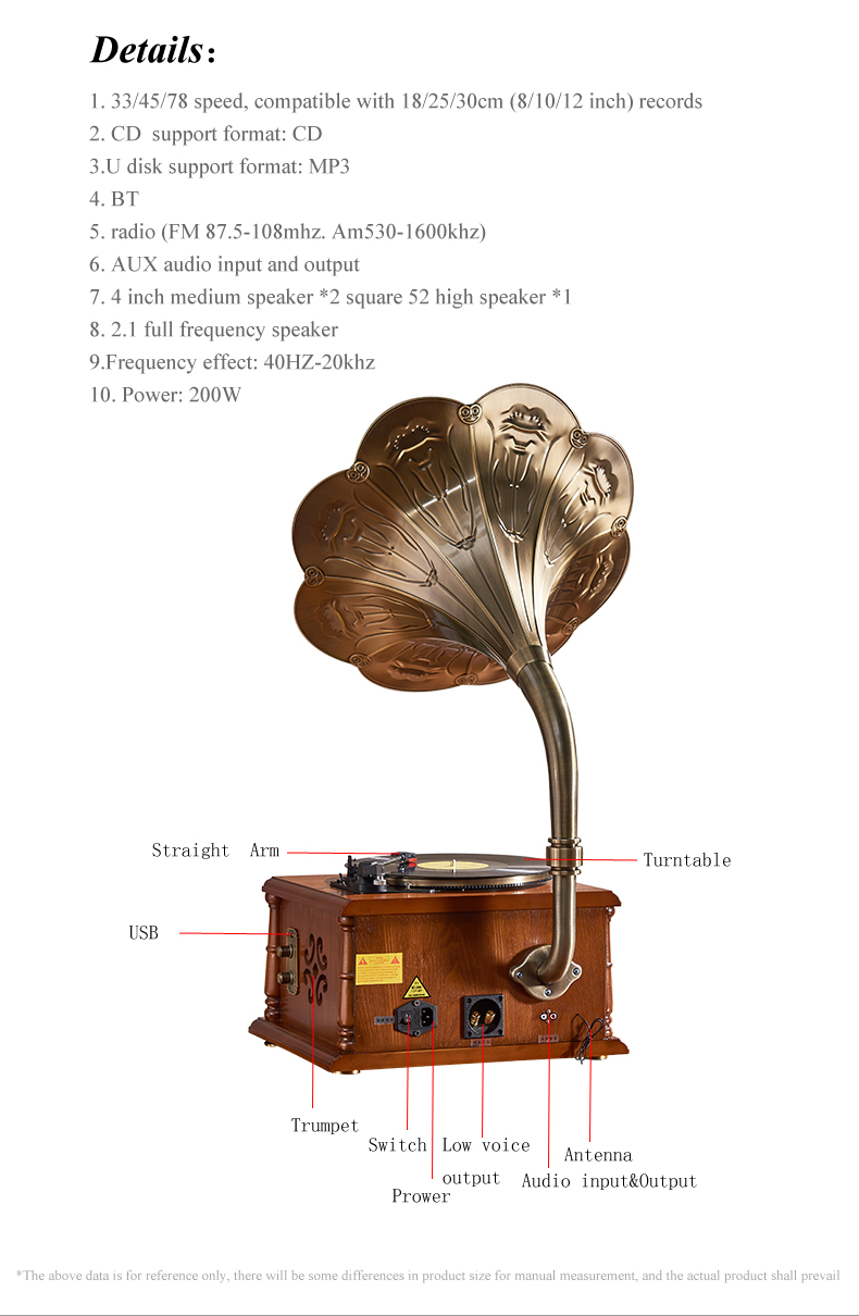 Classic Solid wooden base Radio Record Player Vinyl record player Gramophone phonograph