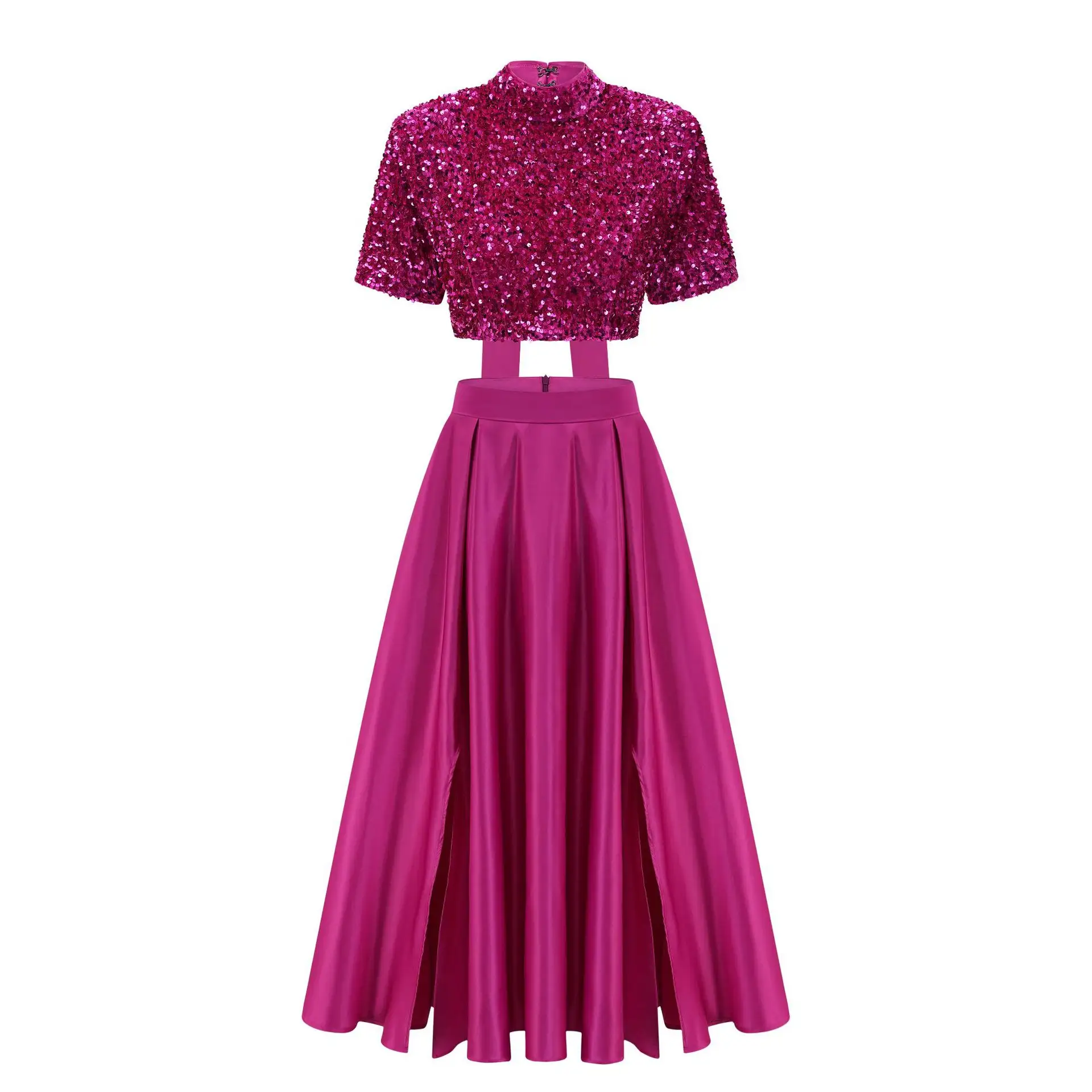 High Quality Pink High Neck Sequin Top and Satin Dress 2-piece Set Sexy Leg Split Ankle Length Evening Party Dress for Female