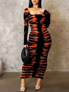 Abito lungo da donna Y2K tie-dye <span class=keywords><strong>a</strong></span> maniche lunghe, in maglia <span class=keywords><strong>a</strong></span> <span class=keywords><strong>costine</strong></span>, scollo quadrato, <span class=keywords><strong>aderente</strong></span>, modellante, per autunno inverno, da indossare <span class=keywords><strong>a</strong></span> strati - Product Image 5