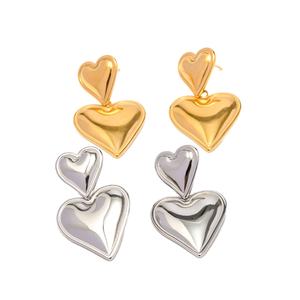 Pendientes de Moda de Acero Inoxidable, Antideslustre, Modernos, Lisos, Chapados en Oro de 18K, Pulidos, con Doble Corazón, para Mujer - Product Image 1