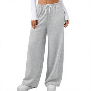Pantalones Deportivos Anchos para Mujer, Cintura Media, Cordón Ajustable, Color Gris Sólido, Corte Holgado Informal, Largos, Tela de Felpa, Transpirables, 100% Algodón - Product Image 5