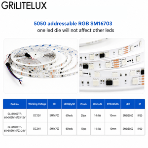 Digital Full Color <b>RGB</b> LED Strip SM16703 SMD5050 DC24V 60 LEDs/m 10 Pixels/m 10mm PCB 14.4W/m Segment <b>Control</b> for Signage - Product Image 2
