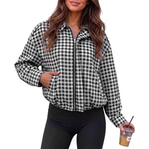 Veste zippée à carreaux sur mesure pour femme, coupe oversize courte, manches longues, décontractée, pour l'automne, avec fermeture à boutons-pression - Product Image 1