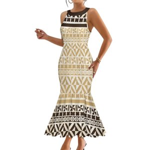 Abito da Sirena Samoana, Abbigliamento Tribale Polinesiano, Tessuto Tapa Masi, Design Tribale Fidziano, Abito Senza Maniche a Coda di Pesce - Product Image 6