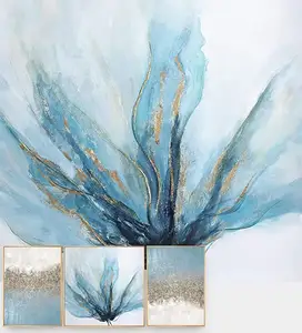 งานศิลปะนามธรรมสีน้ำเงินพร้อมภาพวาดสีน้ำมันทองศิลปะผ้าใบติดผนังดอกไม้ขนาดใหญ่สำหรับห้องนั่งเล่น
