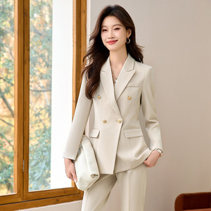 Women's Suit Set Light Blue Double Breasted Jacket Pants Formal Wear Spring Anti-Wrinkle Notched Collar Full Sleeve - Product Image 2