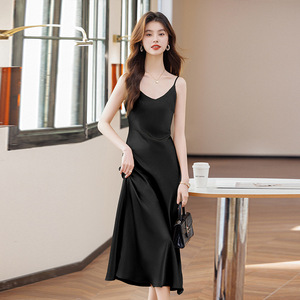 Black <b>Spaghetti</b> <b>Strap</b> Dress Solid Color Natural Waist Mid Length Daily Wear Casual Dress Polyester Fabric - Product Image 3