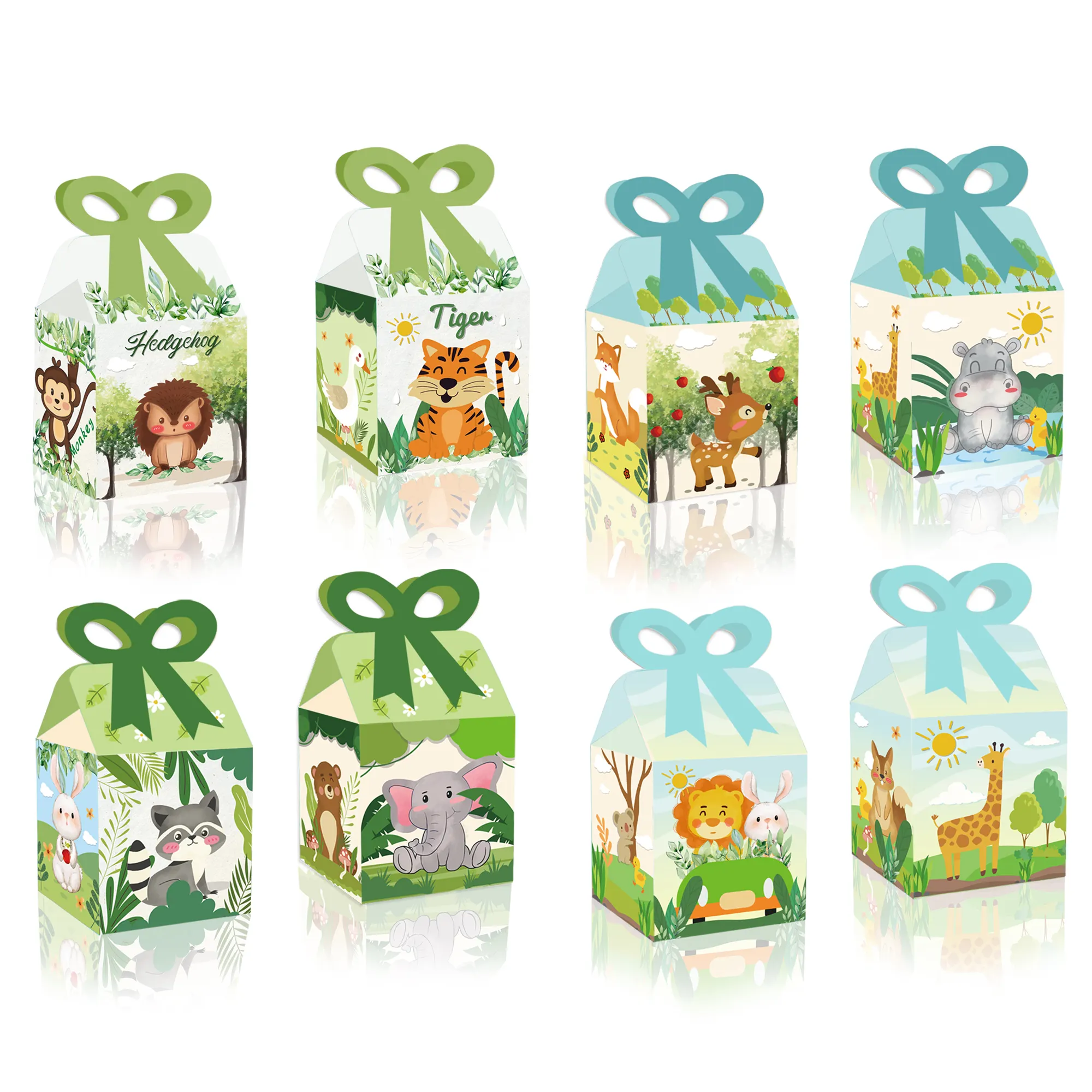 Huancai Kotak Hadiah Pesta Hutan, 12 Buah Kotak Hadiah Permen Kue, Kotak Hadiah Ulang Tahun, Safari Hewan, Kotak Busur Kertas