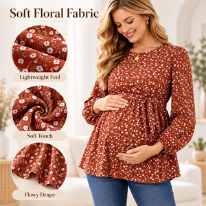 Camicia Premaman con Stampa Floreale, Maniche Lunghe, Collo Tondo, Bottoni, Cintura e Volant, Top per Gravidanza Primaverile - Product Image 4
