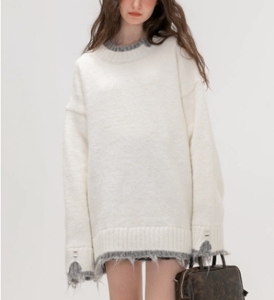 สเวตเตอร์ถักแขนยาวสำหรับผู้ชายและผู้หญิงสเวตเตอร์แฟชั่นขาดๆโลโก้ตามสั่ง - Product Image 1