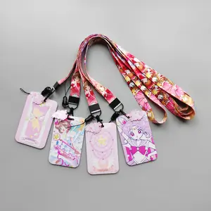 Tas kartu plastik cetak kartun 4 desain dengan tali Lanyard tempat kartu ID tali leher tali ponsel wanita cantik imut