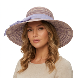 <b>Straw</b> Hat Women Floppy Wide Brim Striped Beach Sun Hat With Blue Ribbon Accessory Adult Size 56-58CM - Product Image 2