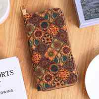 Dompet Koin Tipis Ramah Lingkungan dari PU Cork dengan Cetakan Bunga Kayu Vintage, Tas Uang Cork Portabel, Dompet Wanita dengan Resleting Panjang, Dompet Fashion