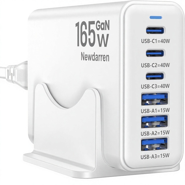 Desktop UK 165W GaN 6-Port USB-A/USB-C Fast Wall Charger with Charging Indicator for iPad Pro Max/S25/S24/S23/15/16 1A Devices