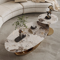Moderner Design-Couchtisch mit Ovaler Weißer Steinplatte, Wohnzimmermöbel, Großer Goldmarmor Luxus-Zentraltisch
