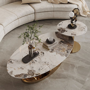 Tavolino da Caffè di Lusso dal Design Moderno Ovale con Piano in Ardesia di Pietra Bianca, Grandi Mobili per Soggiorno, Tavolino Centrale in <span class=keywords><strong>Marmo</strong></span> Dorato - Product Image 3