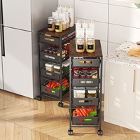 Étagère de rangement à 4 niveaux avec roulettes, dessus en bois et structure métallique, pour fruits, légumes et pâtisseries, avec tiroirs, pour le rangement de la cuisine et des collations