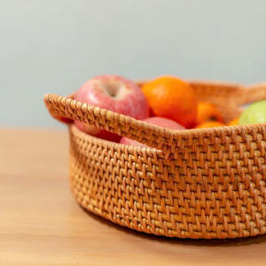 Handmade Eco Friendly Round Rattan Storage <b>Basket</b> with Handles Woven <b>Bread</b> Fruit Tray for Kitchen and Dining Table Decor - Product Image 5
