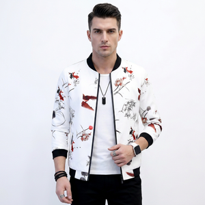 Chaqueta Blanca con Estampado Floral para Hombre, Cuello Alto con Cierre, Estilo Casual, Corte Ajustado, Material de Poliéster, Estilo Primavera - Product Image 3