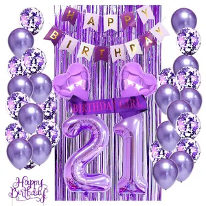 21st Birthday Party Supplies Purple Balloons Decorations Set With HAPPY BIRTHDAY Balloon Large Number 21 Foil Balloon