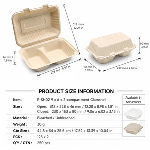 2 Compartment Bagasse Clamshell Food <b>Container</b> Biodegradable Sugarcane Fiber <b>Takeaway</b> Lunch Box Eco Friendly Packaging - Product Image 2