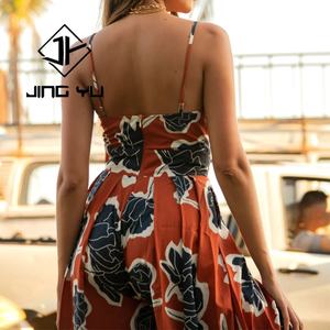 High Quality 100% Rayon Digital Printed Hawaiian Style Jumpsuit Custom Chest Bow <b>Suspender</b> Jumpsuit for Women - Product Image 5